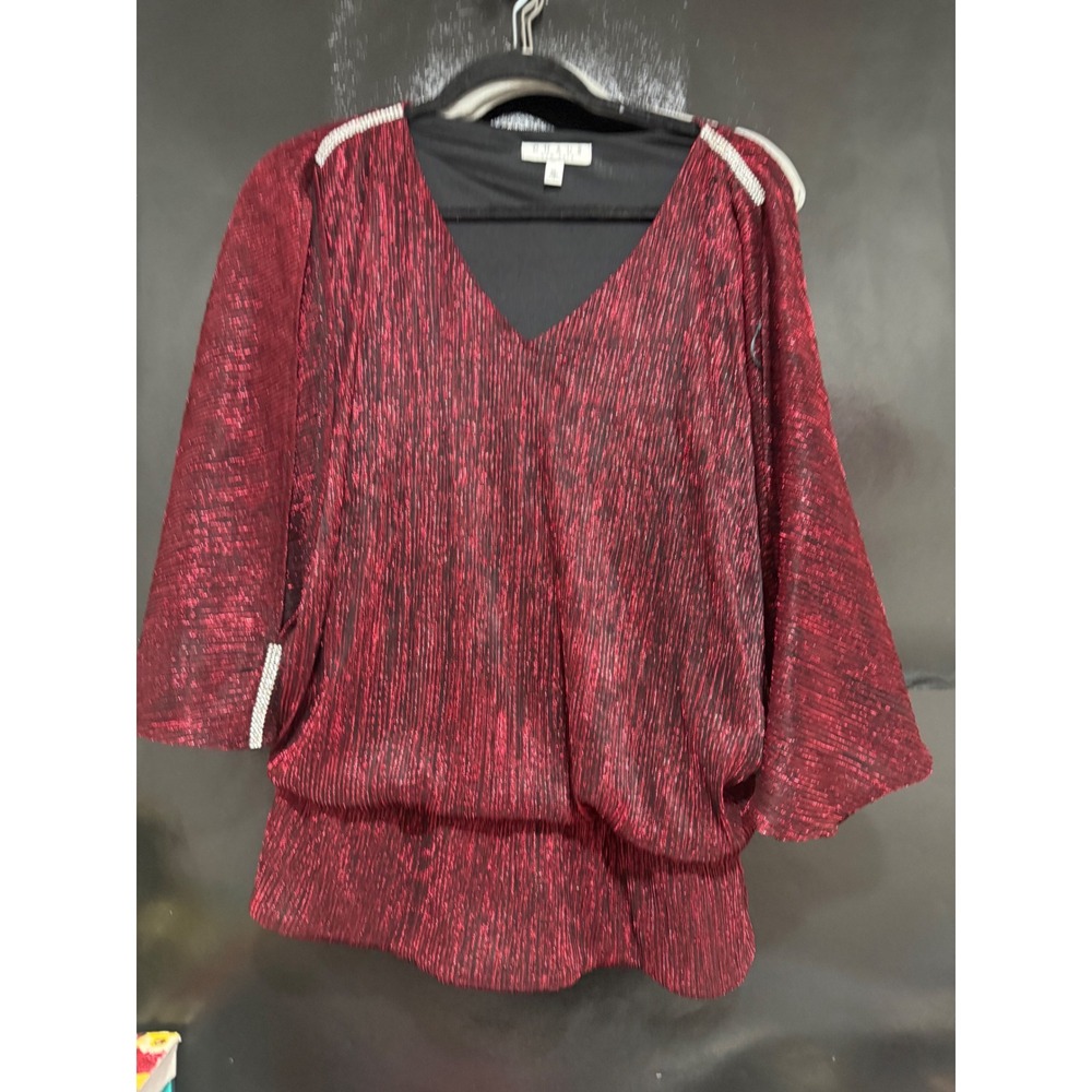 Chaus New York Metallic Red Black Rhinestone V-Neck Blouson Blouse XL